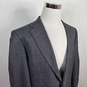 Hart Schaffner Marx 44L Sport Coat Glen Plaid Gray Blue Wool Two Button Vented